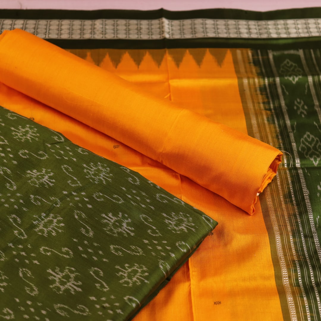 Handloom Sambalpuri green silk dress material blouse piece with yellow motifs.