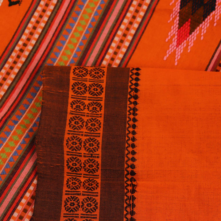 Full-length view of an orange cotton Berhampuri saree with a butta pattern and broad orange borders.