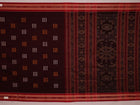 Full view of a maroon cotton Bomkai saree featuring a butta pattern with a red border and pallu.