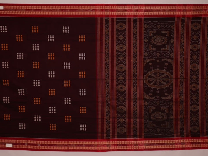 Full view of a maroon cotton Bomkai saree featuring a butta pattern with a red border and pallu.