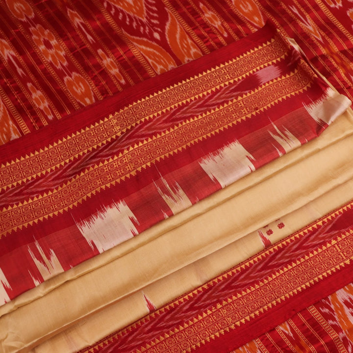 Saree styling: Cream Khandua silk saree with maroon butta pattern draped elegantly.