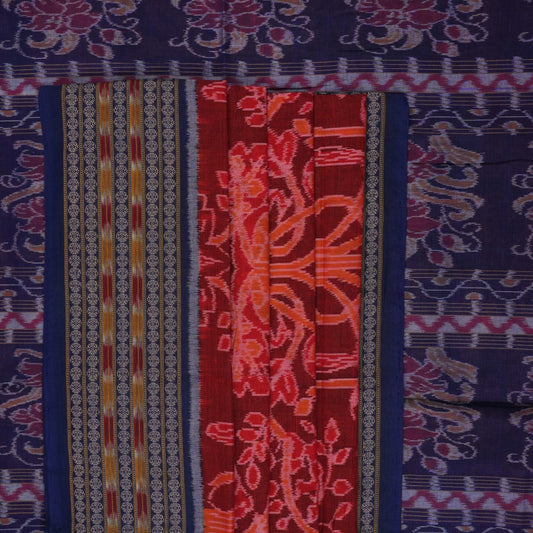 Full flat layout of maroon and blue Sambalpuri cotton saree with traditional motifs and ikat border.