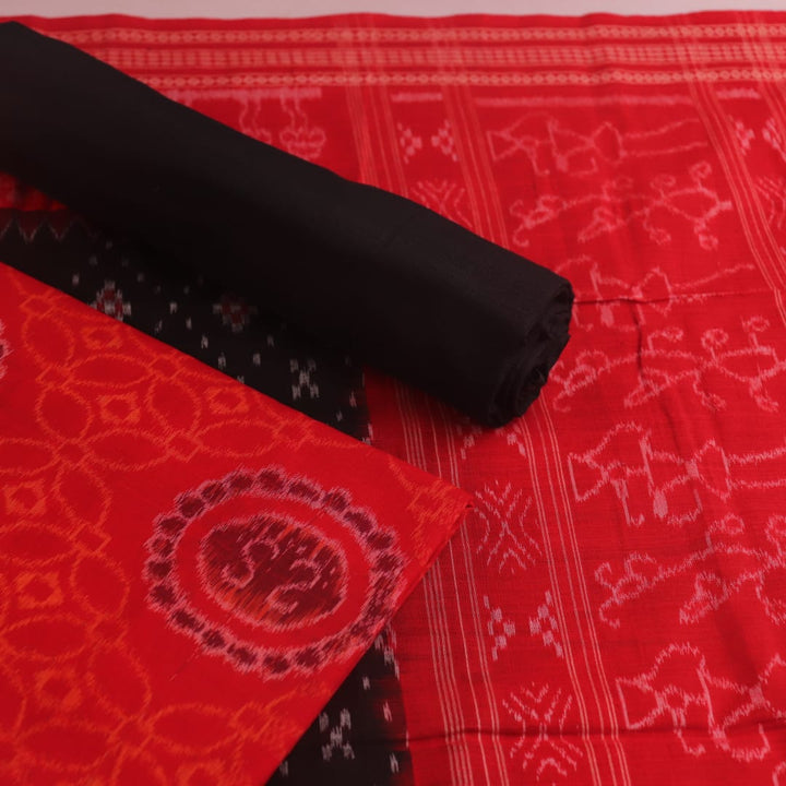 Blouse piece of red and black Sambalpuri cotton dress material with motifs.