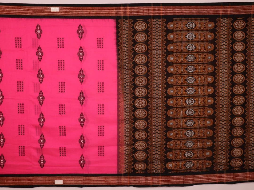 Full view of a pink and black cotton Bomkai saree with a Butta pattern.