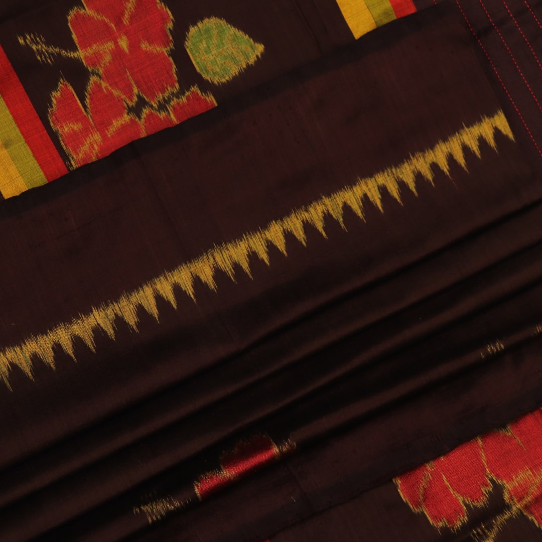 Full view of a brown and brown Khandua silk saree with intricate motif pattern.