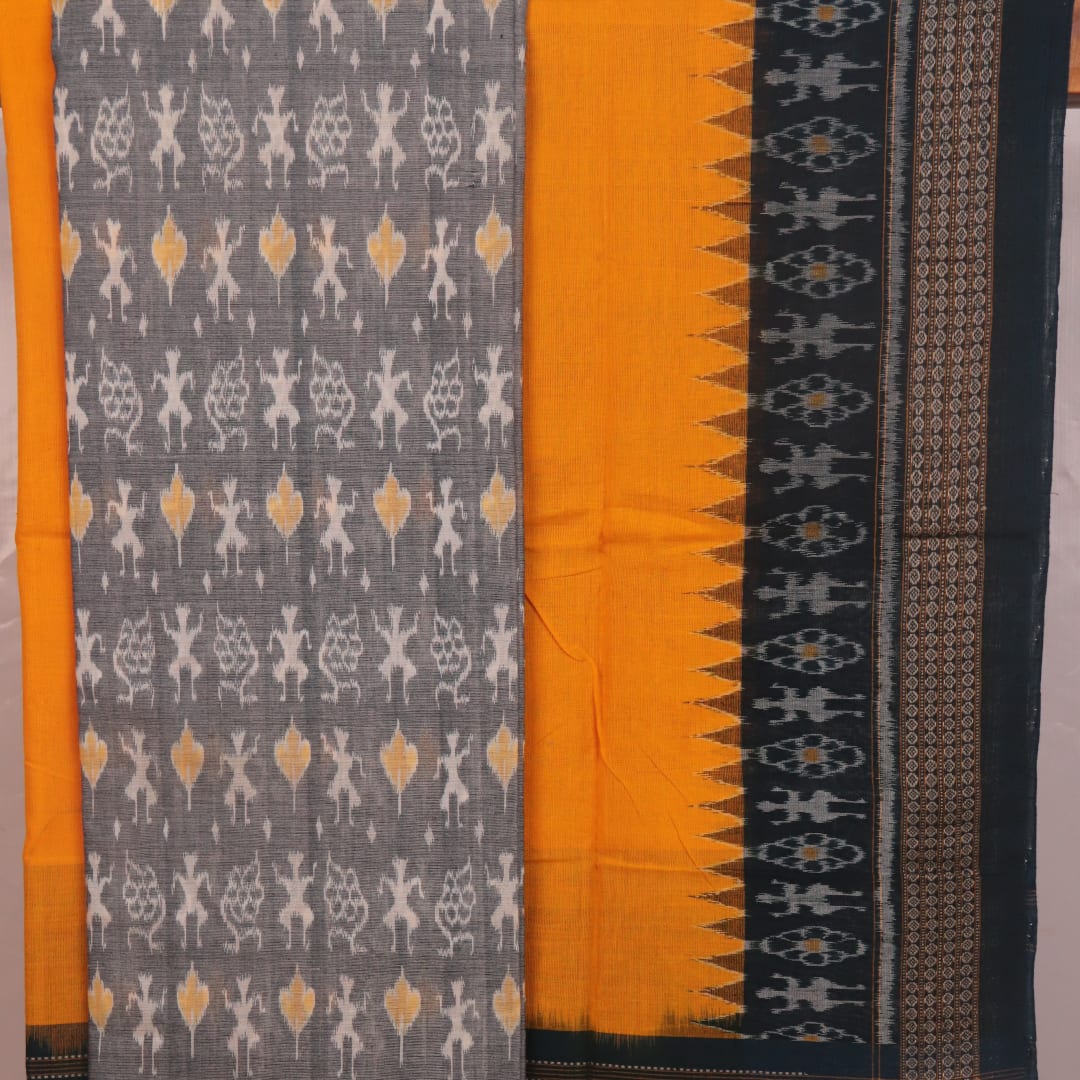 Grey and yellow Sambalpuri cotton dress material blouse piece with motifs.