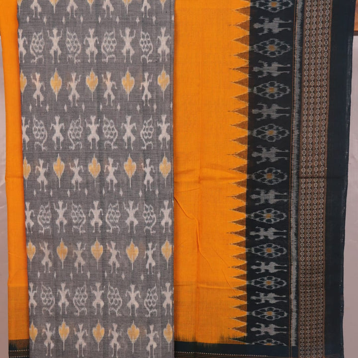 Grey and yellow Sambalpuri cotton dress material blouse piece with motifs.