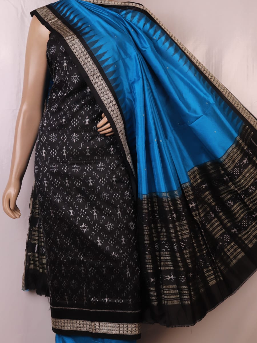 Detail of Sambalpuri black and blue silk dress material blouse piece with motifs.