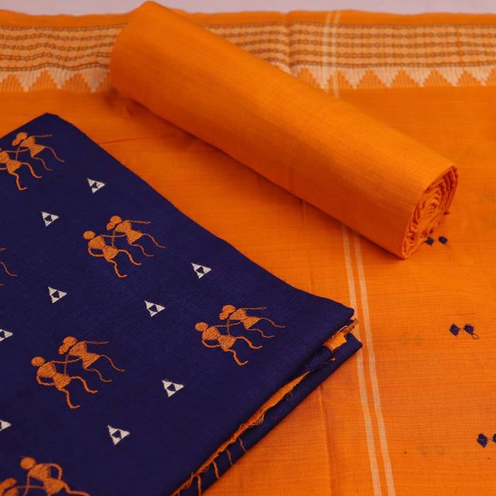 Blue and yellow cotton Sambalpuri dress material with a doll pattern and a close-up of the blouse piece