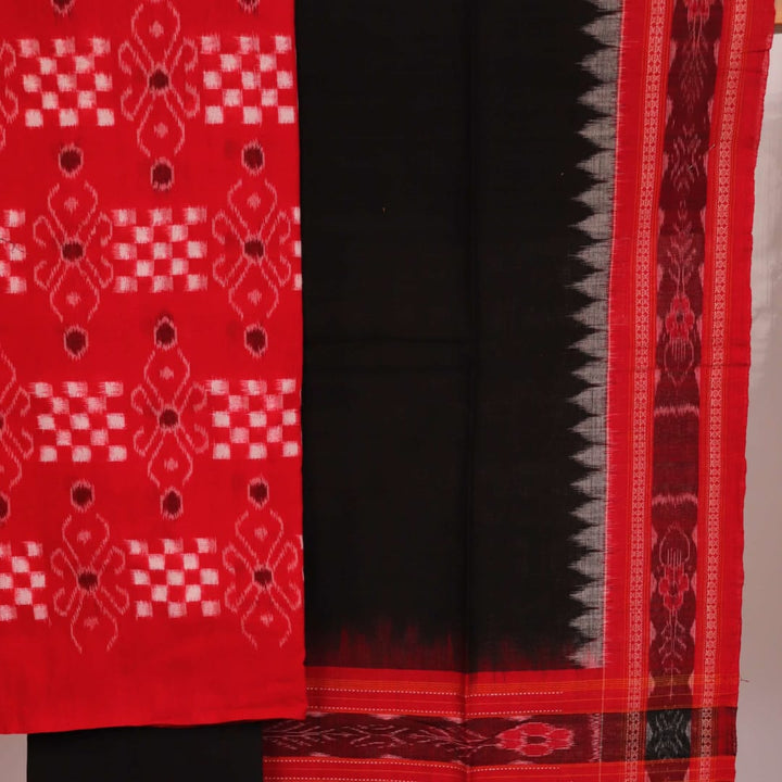 Close-up detail of black Pasapalli pattern on red cotton Sambalpuri dress material blouse piece