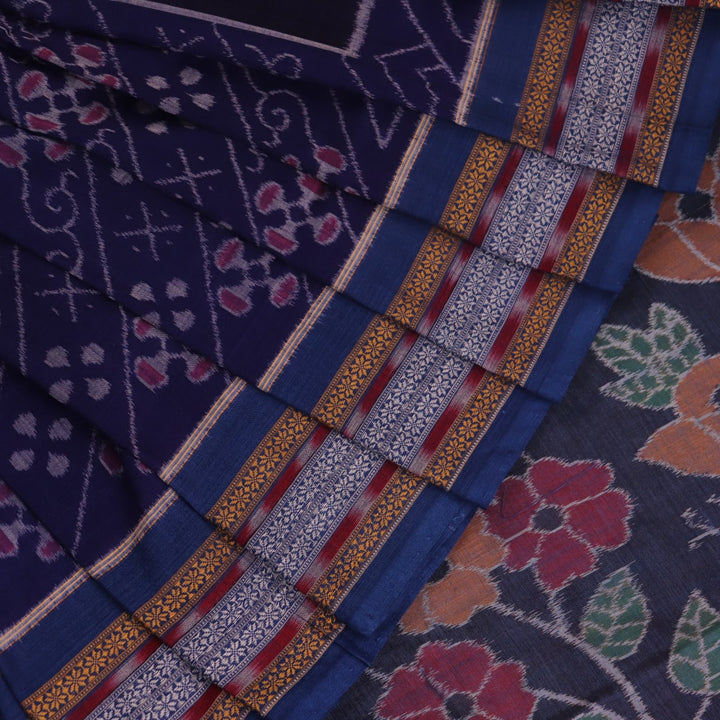 Full view of a blue Sambalpuri cotton saree with black motifs