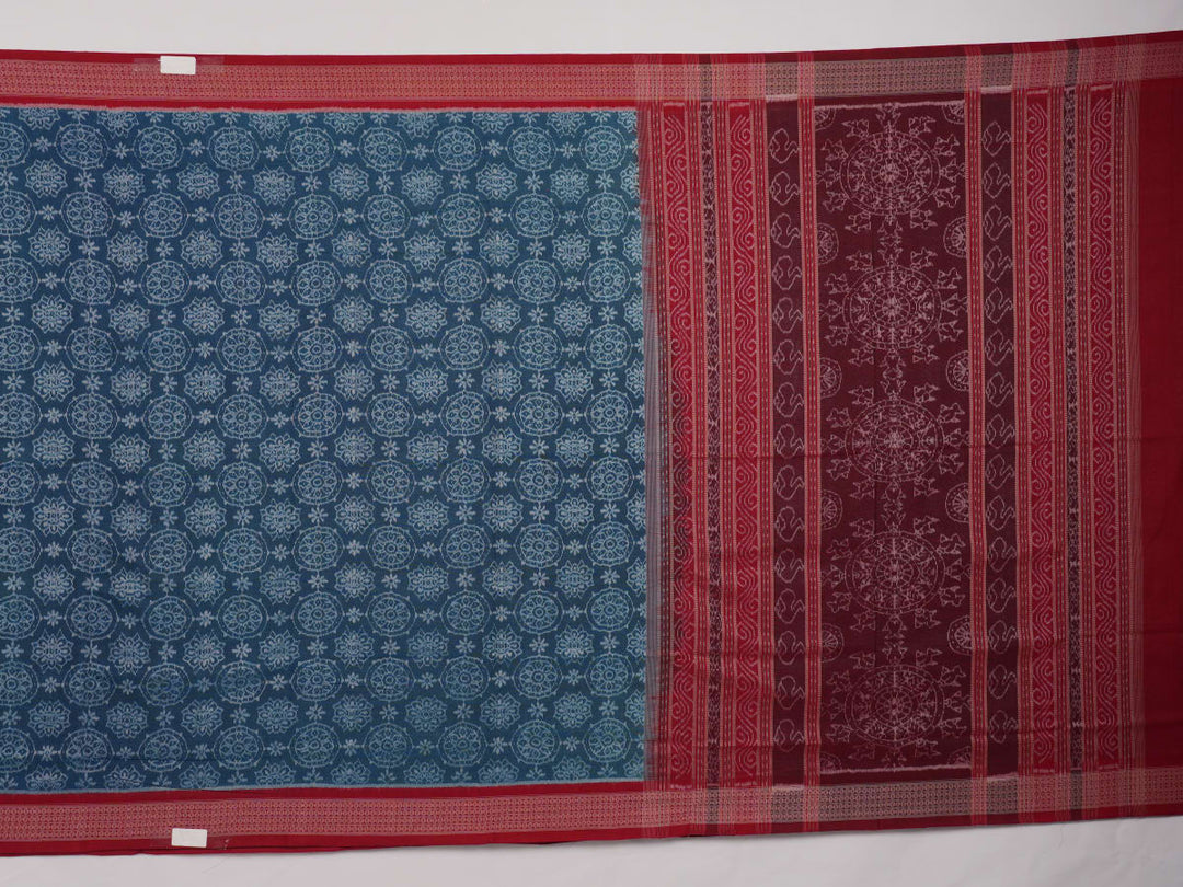 Full flat layout of the blue and maroon Sambalpuri cotton saree displaying the complete motifs and border pattern.