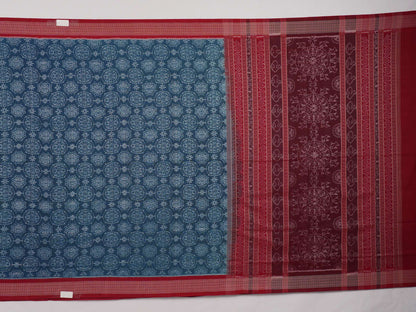 Full flat layout of the blue and maroon Sambalpuri cotton saree displaying the complete motifs and border pattern.