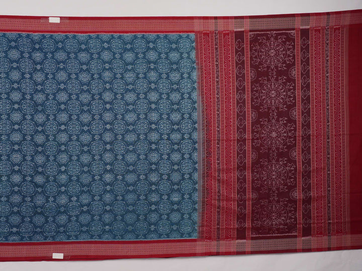 Full flat layout of the blue and maroon Sambalpuri cotton saree displaying the complete motifs and border pattern.