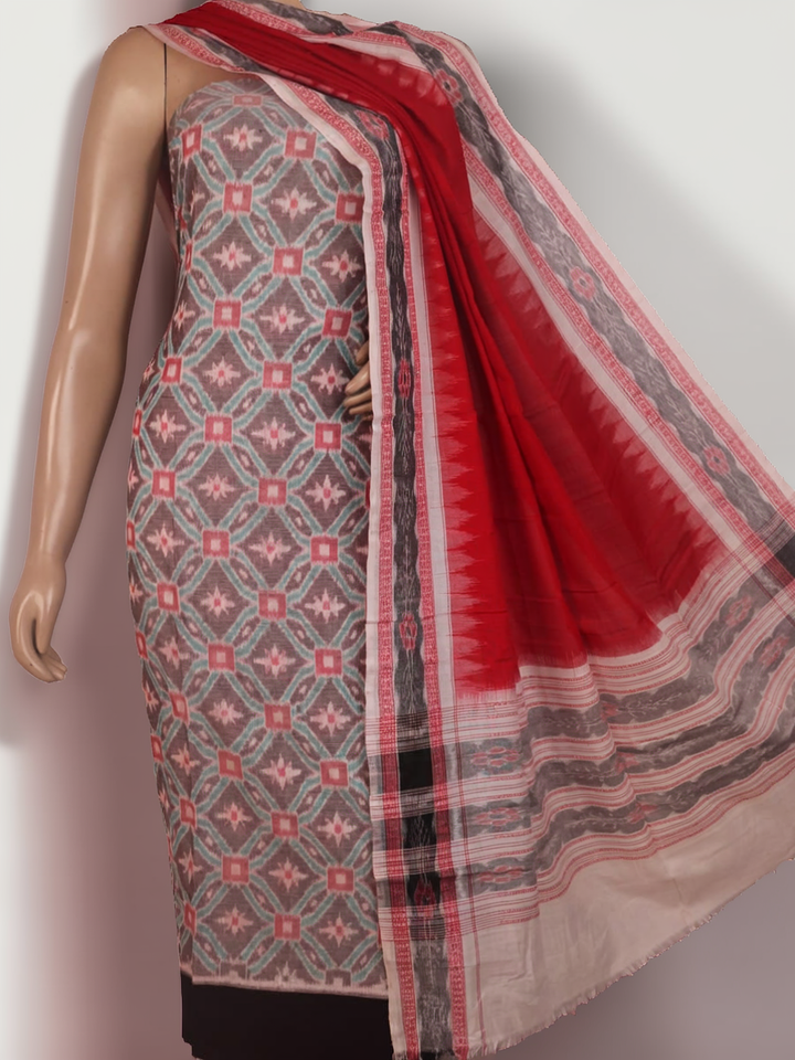Grey Sambalpuri cotton dress material with red motifs: Detail of matching blouse piece.