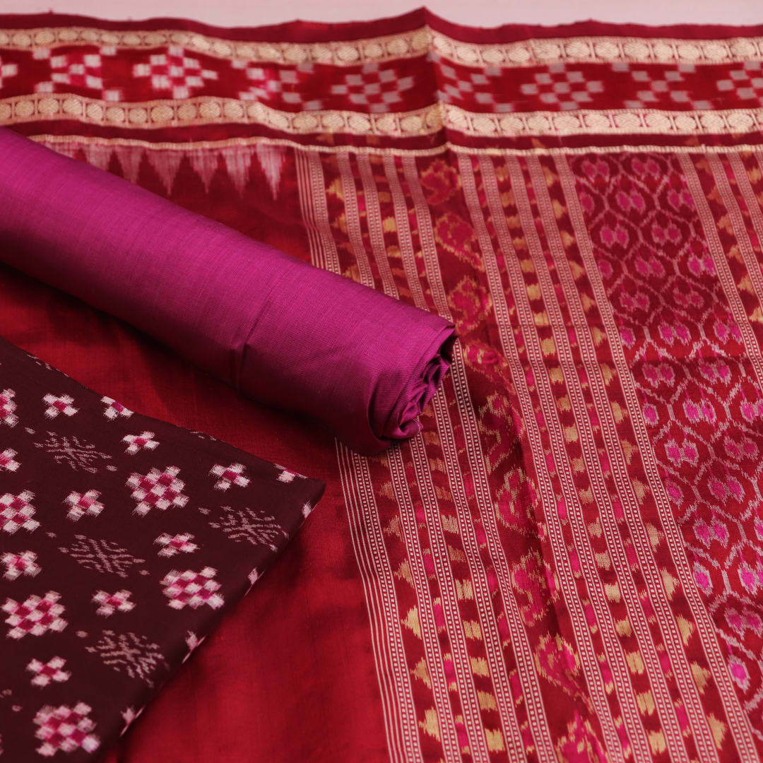 Handloom Maroon Sambalpuri Silk Dress Material with Pink border