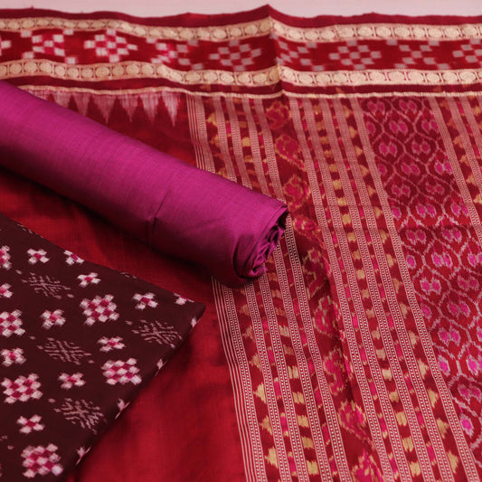 Handloom Maroon Sambalpuri Silk Dress Material with Pink border
