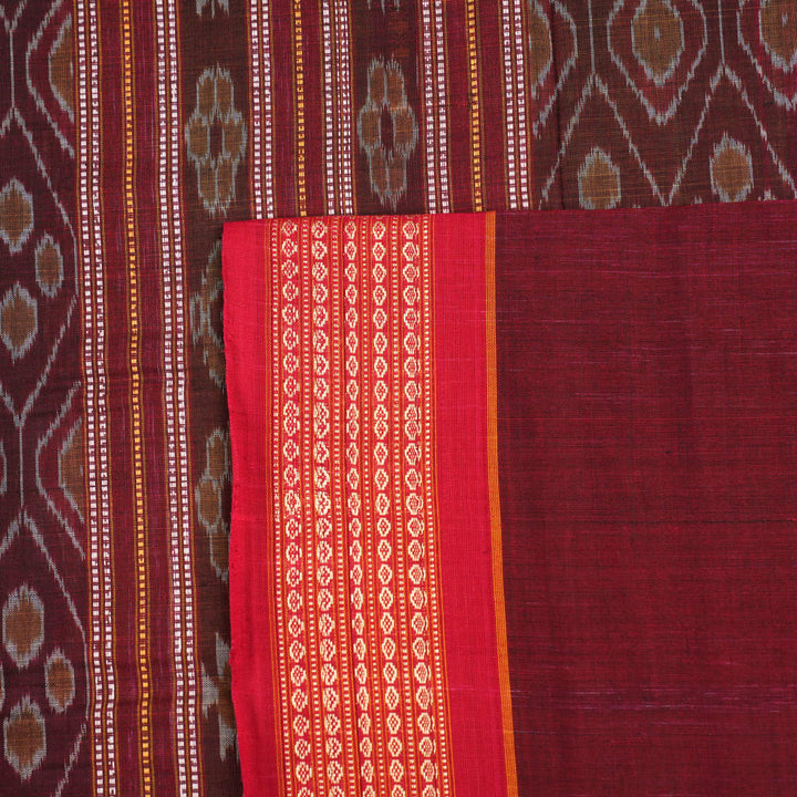 Full layout view of the multi-color striped Sambalpuri cotton saree with red border and pallu