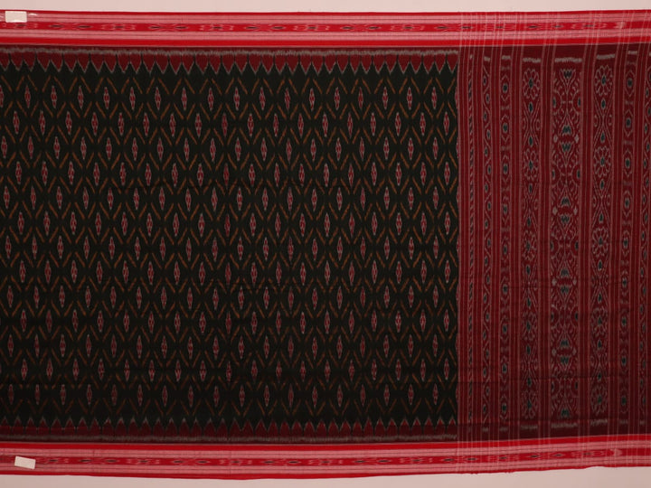 Black and red Sambalpuri cotton saree draped, showcasing its traditional motifs and elegant handloom texture.