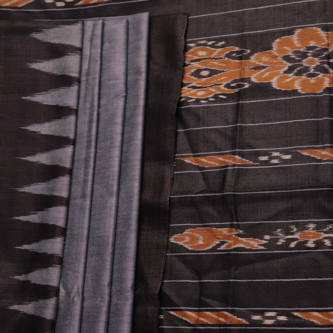 Close-up of Grey and Blue Tussar Silk Saree's Fabric Texture