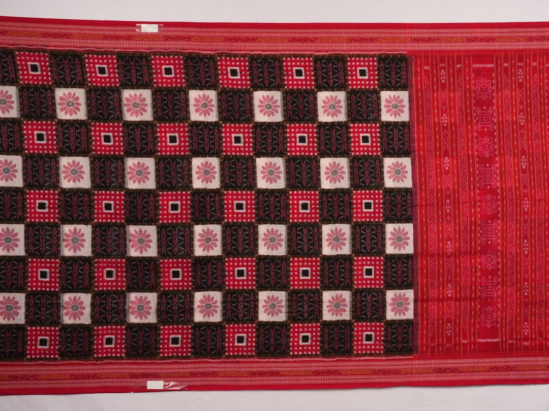 Model styled in a black and red Sambalpuri cotton saree featuring the traditional Pasapalli design.