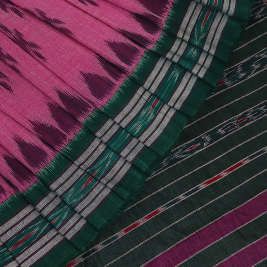 Pink and green Sambalpuri cotton saree with motifs, elegantly draped on a model.