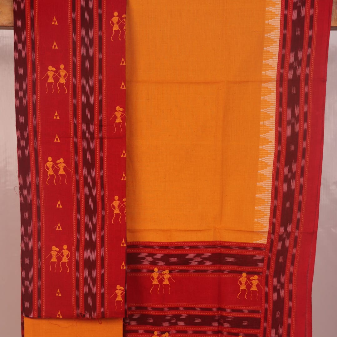 Sambalpuri red and yellow cotton dress material: Close-up of its motif-patterned blouse piece.