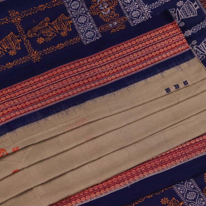 Full view of a handloom Bomkai saree in grey and blue with butta motifs.