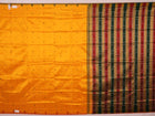 Close-up of yellow & green Sambalpuri Silk Saree fabric texture, showing Butta pattern.