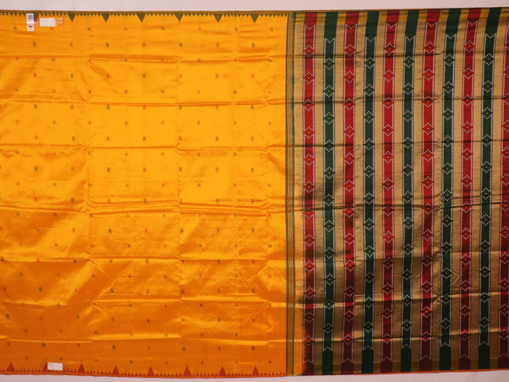 Close-up of yellow & green Sambalpuri Silk Saree fabric texture, showing Butta pattern.