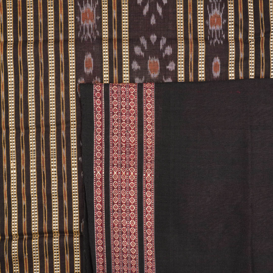 Full layout of the black and multi-color striped Sambalpuri cotton saree showing entire design