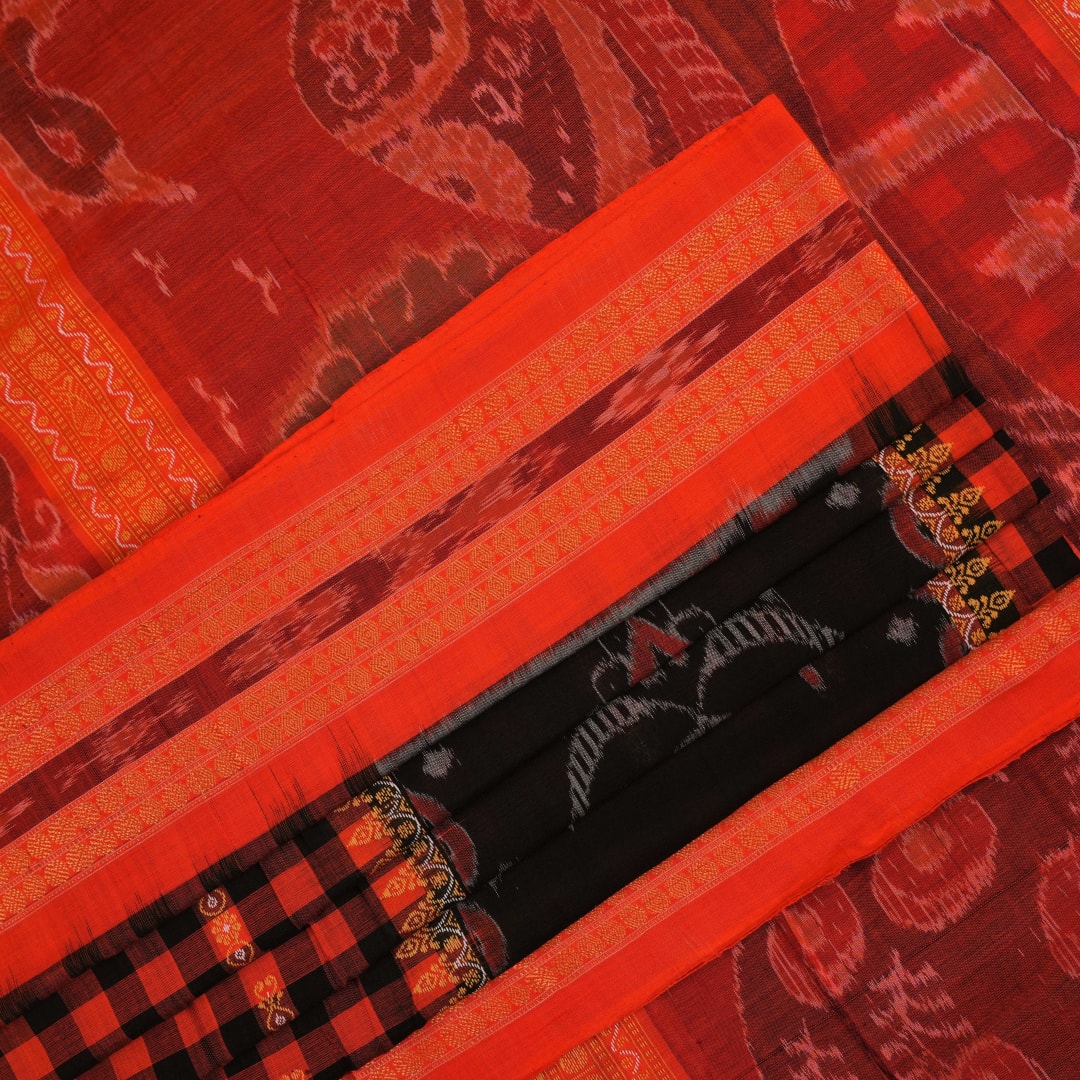 Full layout view of a black and orange Sambalpuri cotton saree showing the body, border, and pallu