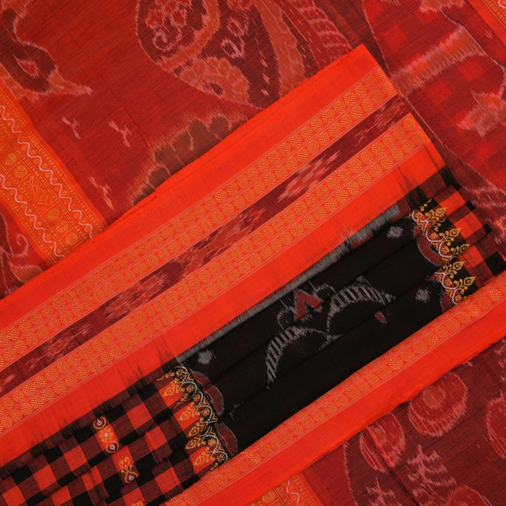Full layout view of a black and orange Sambalpuri cotton saree showing the body, border, and pallu