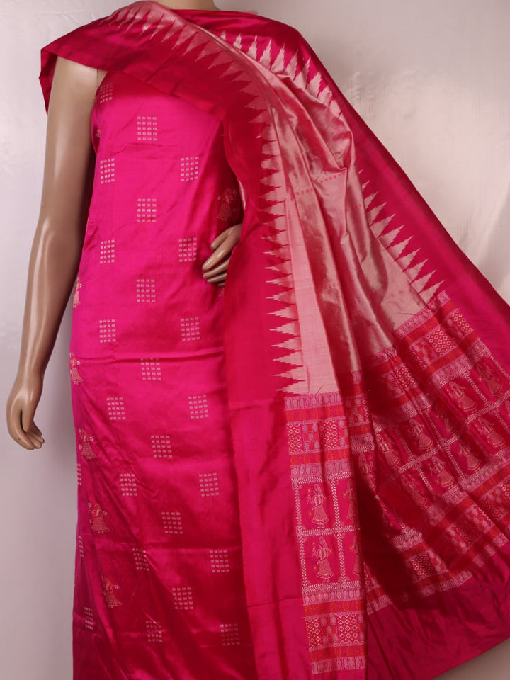 Close-up of Pink and Peach Bomkai Silk Dress Material's Butta pattern blouse piece.