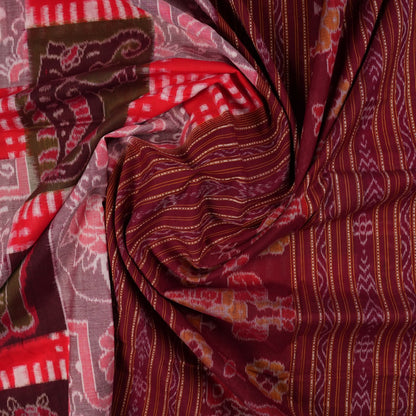 Model wearing a multi-color and maroon Sambalpuri cotton saree in a traditional Pasapalli weave