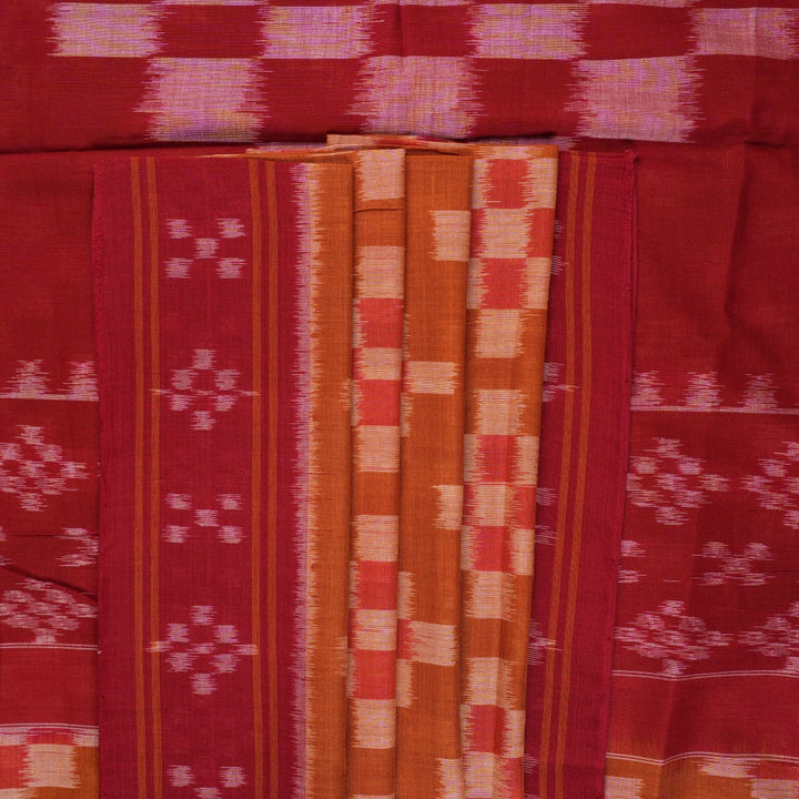 Full drape styling of a brown and maroon Sambalpuri cotton saree with motifs, modeled for elegant look.