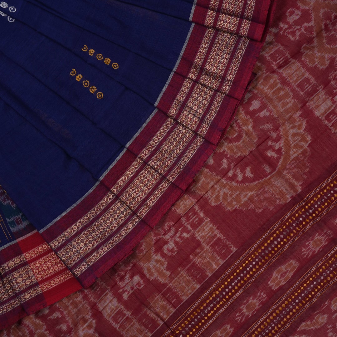 Full layout of the blue and maroon Bomkai cotton saree showing the complete body, border, and pallu.