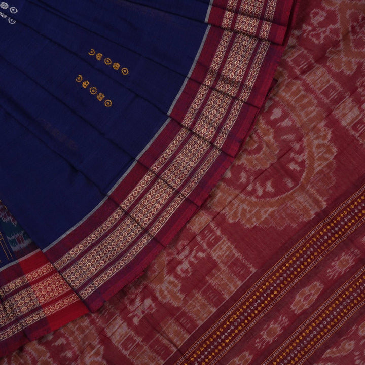 Full layout of the blue and maroon Bomkai cotton saree showing the complete body, border, and pallu.