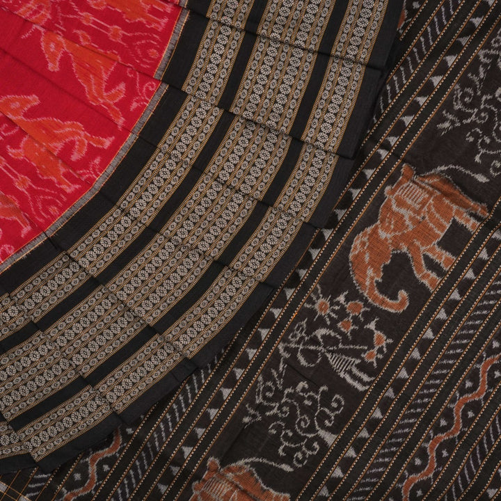Flat layout view of the red and black Sambalpuri cotton saree showing the body, border, and pallu.