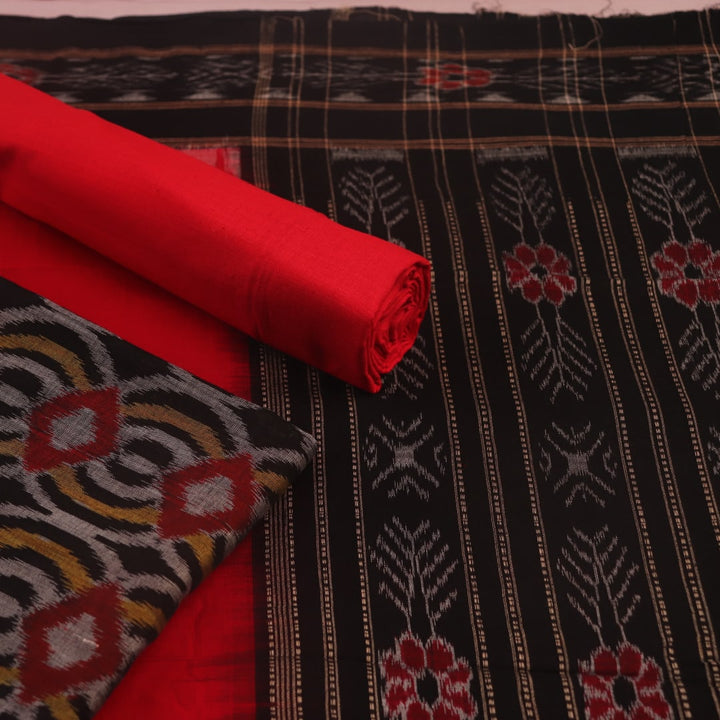 Detail of the black and red motif blouse piece of the Sambalpuri cotton dress material.