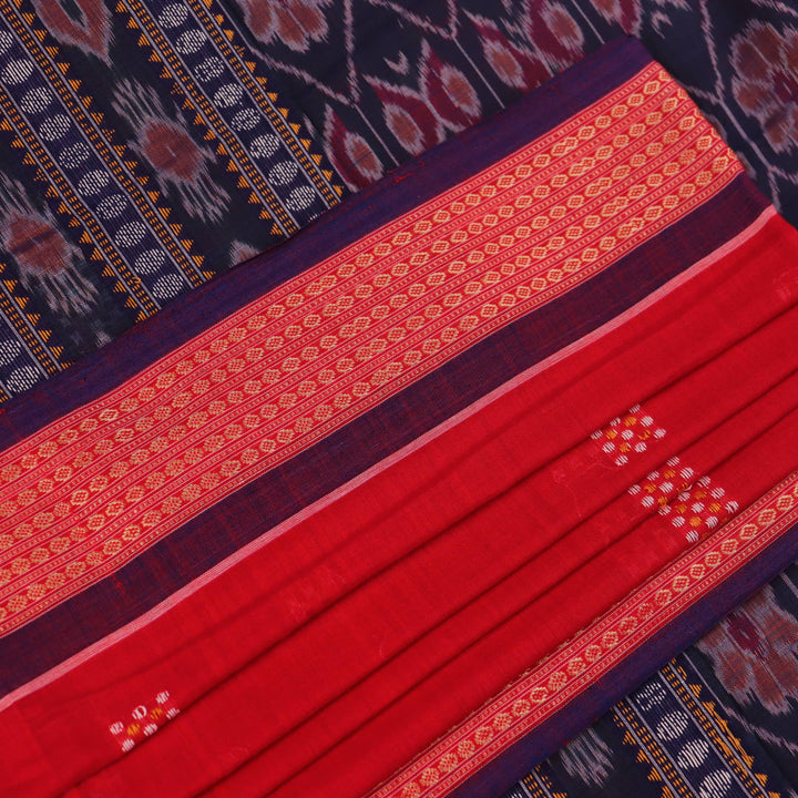 Red Bomkai cotton saree with purple butta pattern, displayed full length.