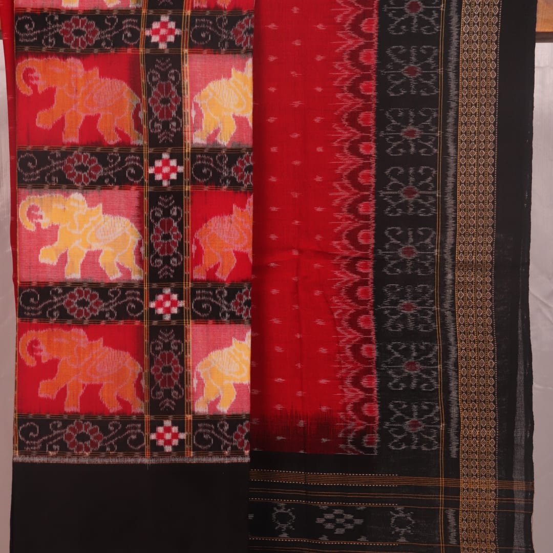 Red and black Sambalpuri Pasapalli cotton dress material blouse piece detail.