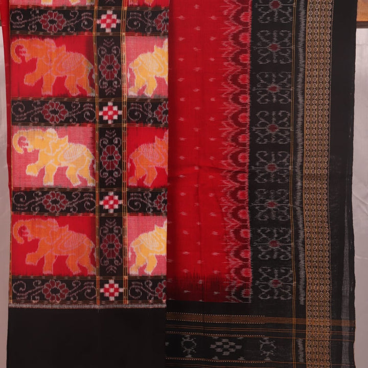 Red and black Sambalpuri Pasapalli cotton dress material blouse piece detail.