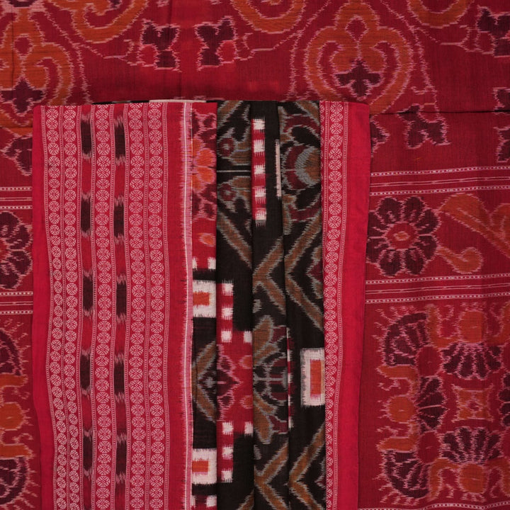 Full view of the red and multicolor Sambalpuri cotton saree displaying the entire Pasapalli layout