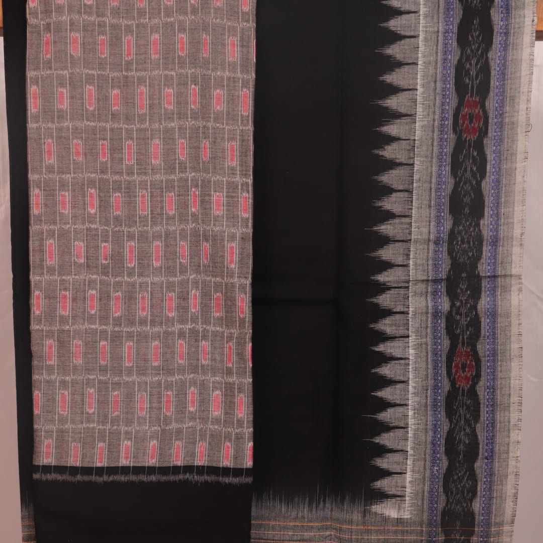Sambalpuri cotton dress material: grey and black motif blouse piece detail.