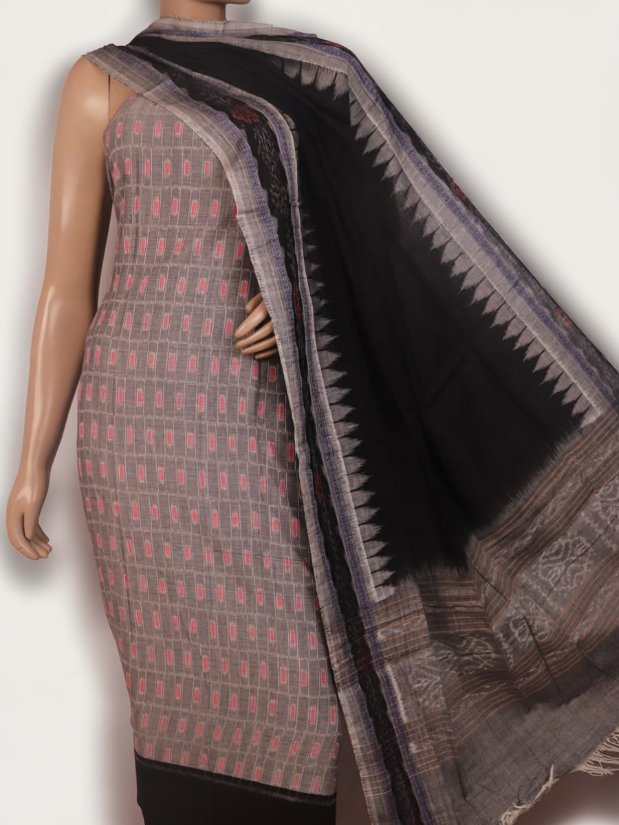 Sambalpuri cotton dress material: grey and black motif blouse piece detail.
