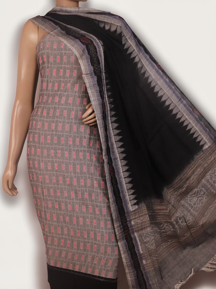 Sambalpuri cotton dress material: grey and black motif blouse piece detail.