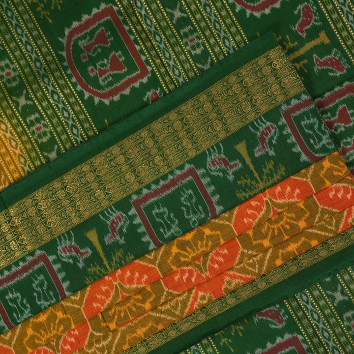 Full flat layout of the green Sambalpuri cotton saree displaying the complete body and pallu motifs
