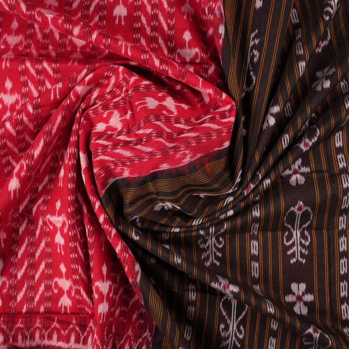 Full layout of a red and black Sambalpuri cotton saree displaying the overall body and pallu design.