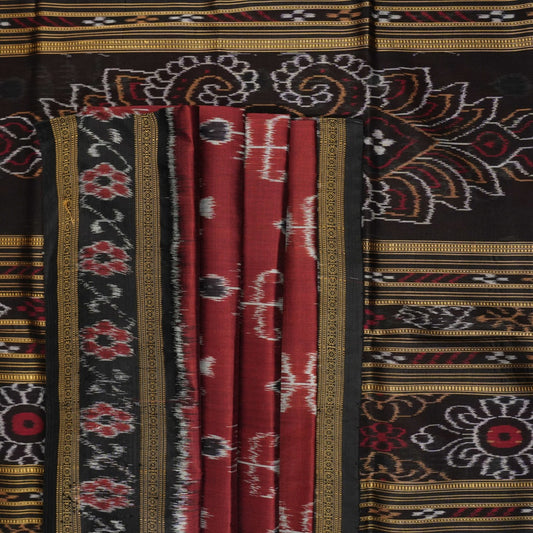Full styling view of an elegant brown and black Khandua silk saree draped on a model for a classic look.
